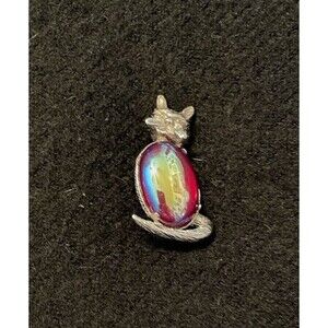 Vintage Iridescent Red-Purple Jelly Belly Silver Tone Kitty Cat Brooch Pin 2”